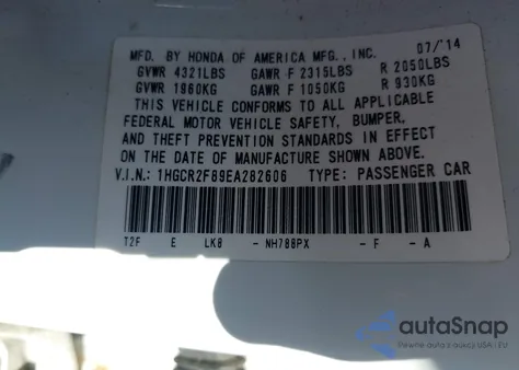 2014 Honda Accord Exl из США, поврежденный, VIN 1HGCR2F89EA282606